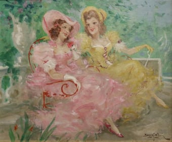 MARCEL BLOCH (French, 1882-1966). Catching up on the News, Oil on board. Signed lower right hand