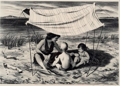 LAWRENCE BEALL SMITH (American, 1909 - 1995). Seaside Nomads, circa 1946, Lithograph. Pencil signed