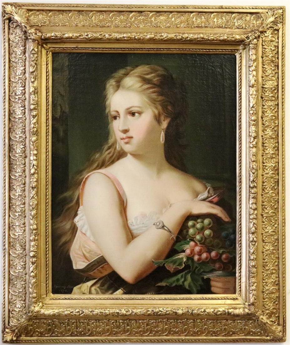 SANDOR NYULASSY (Slovak, 1840-1903). Portrait of a Lady, half-length, Holding Bunches of Grapes,: SANDOR NYULASSY (Slovak, 1840-1903). Portrait of a Lady, half-length, Holding Bunches of Grapes, 1874, Oil on canvas. Signed and dated lower left hand corner. The present work is a characteristic exam