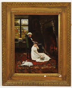 HAYNES KING, R.B.A. (English, 1831-1904). Cozying up near the Fireplace, Oil on canvas. Signed