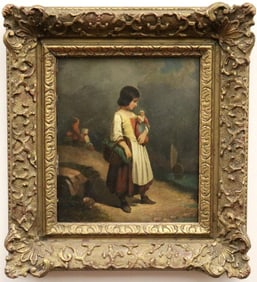 ENGLISH SCHOOL (19th Century). Child on A Lake Shore with Doll and Basket, Oil on a metal plate.