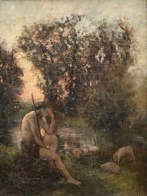 FRENCH SCHOOL (Late 19th century). SHEPHERD AND SHEEP BY STREAM, Indecipherable signature lower