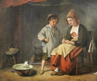 JOHN WILLIAM HAYNES (English, 1836 - 1908). Mother writing a Message to the Young Navigator, Oil on