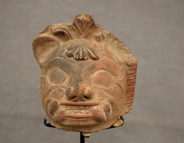 MAYA HEAD OF JAGUAR, CLASSIC PERIOD, 550-900 AD. - height (including stand):. 12.75 inches.