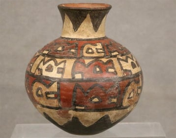 PERUVIAN NAZCA JAR WITH NARROWED NECK DEPCITING ANTHROPOMORPHIC ELEMENTS, 180 BC–500 AD. - height: