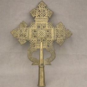 LARGE ETHIOPIAN COPTIC PROCESSIONAL BRASS CROSS,