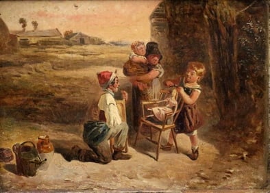 ATTRIBUTED TO THOMAS BALE (British, 1855-1925). The Village Barber, 1869, Oil on panel. Signed lower