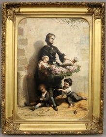LEOPOLD DE MOULIGNON (French, 1821-1897). The Flower Seller, Oil on canvas. Signed. Framed.