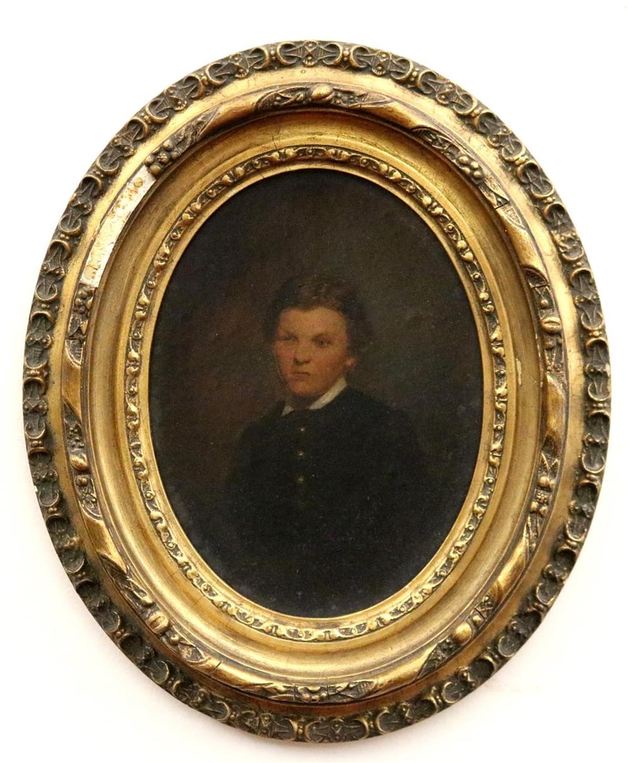 AMERICAN SCHOOL. (19th century). Portrait of a Young Man, Oil on board. Unsigned. Framed.: AMERICAN SCHOOL. (19th century). Portrait of a Young Man, Oil on board. Unsigned. Framed. - Sight (approx.): 8 x 6 inches; frame: 13 x 11 inches.