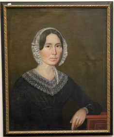 AMERICAN SCHOOL (Mid-to-late 19th century). Portrait of a Woman in Lace Bonnet, Oil on canvas.