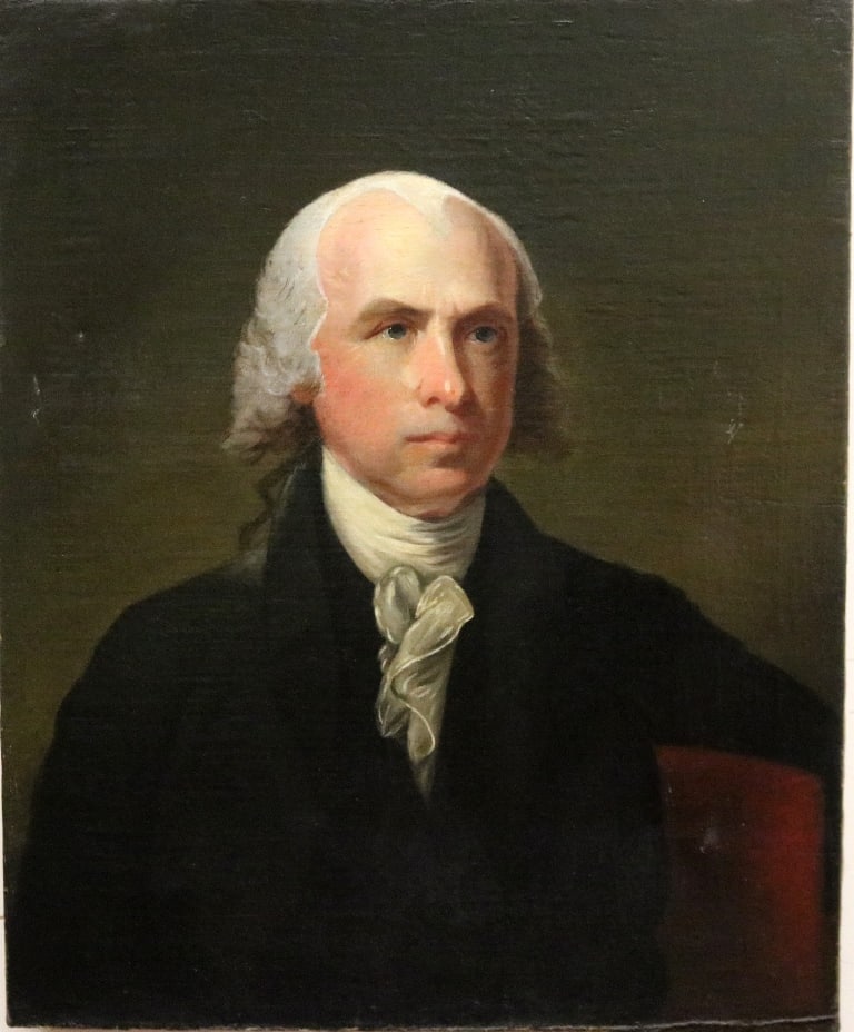 AFTER GILBERT STUART (American, 19th century). James Madison, Early 20th century oil on canvas: AFTER GILBERT STUART (American, 19th century). James Madison, Early 20th century oil on canvas artwork. Unsigned. Unframed. - Sight (approx.): 27 x 22 inches.