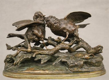 JULES MOIGNIEZ (French, 1835-1894). Two Fighting Song Birds on Branch, Patinated bronze. Signed at