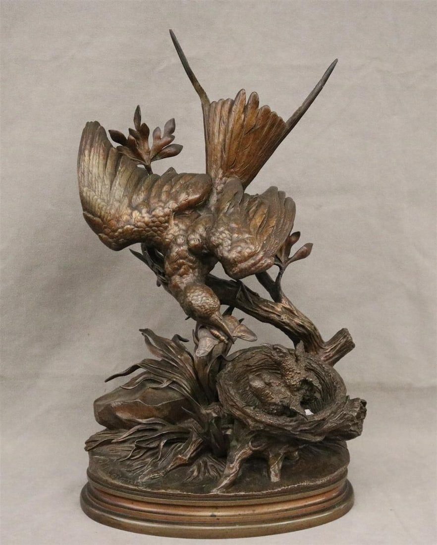 JULES MOIGNIEZ (French, 1835-1894). Bird Feeding Chicks, Patinated bronze sculpture. Signed at base. (1 of 20)