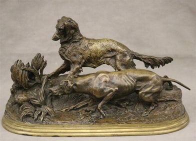PIERRE-JULES MENE (French, 1810-1879). Pointer Dogs Hunting, Patinated bronze. Signed on base: "P J