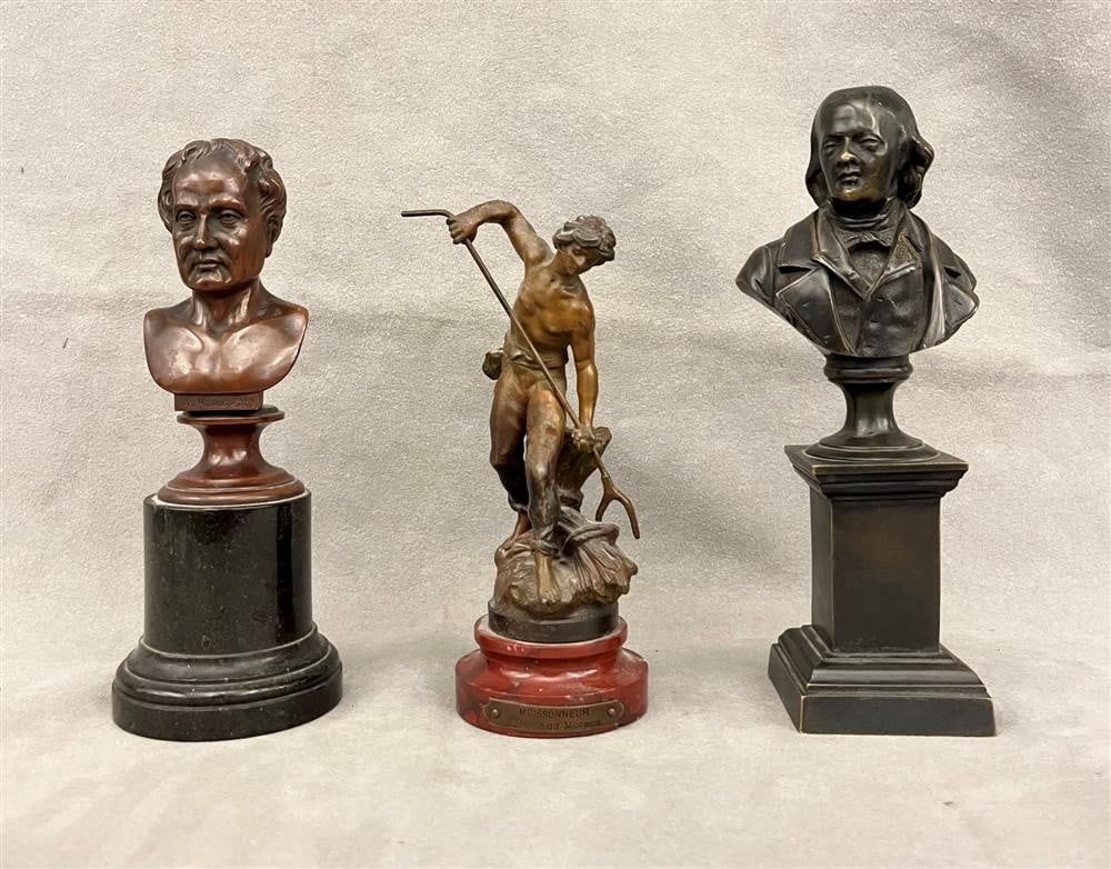THREE BRONZE GRAND TOUR CONTINENTAL SCULPTURES, - Height (approx.): 8.5 inches (tallest statue (1 of 18)
