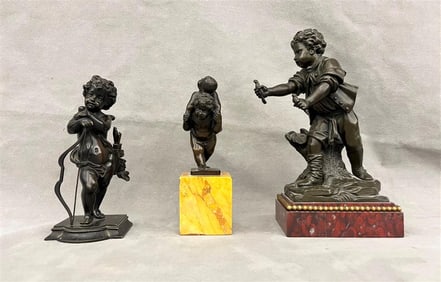 THREE BRONZE CONTINENTAL SCULPTURES, - Height (approx): 9.75 inches (tallest statue including base).