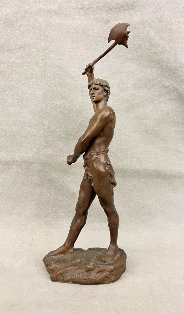 GEORGES CHARLES COUDRAY (French, 1863-1932). Bronze Warrior With Axe, Patinated bronze statue. (1 of 8)