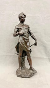 ANTOINE BOFILL (Continental, 19th century). A Blacksmith in Sheepskin, Patinated bronze sculpture