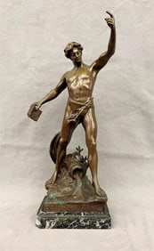 AFTER HENRY FUGERE (French, 1872 - 1944). Triomphe du Genie, Patinated bronze sculpture. Inscription