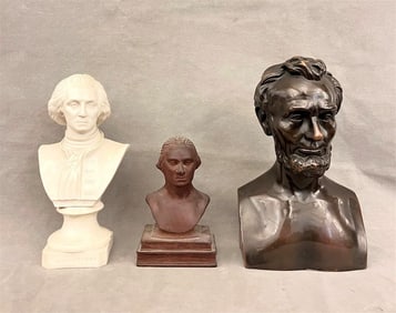 THREE AMERICAN BUSTS, - Height (approx): 11.5 inches (Lincoln bust).