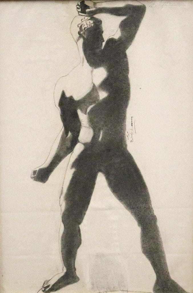 FRIEDA GROSSMAN (20th century). A Roman Nude, Watercolor on paper. Pencil signed "F Grossman." Upper: FRIEDA GROSSMAN (20th century). A Roman Nude, Watercolor on paper. Pencil signed "F Grossman." Upper right hand corner. Framed. (Frame lacks glass panel). - Sight (approx.): 24 x 16 inches; frame: 26 