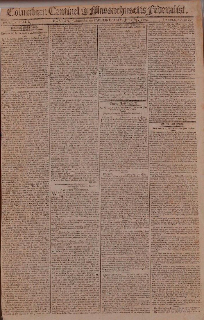 "OF THE LATE DUEL" HEADLINE COVERAGE OF THE ALEXANDER HAMILTON-AARON BURR FATAL DUEL, Columbian