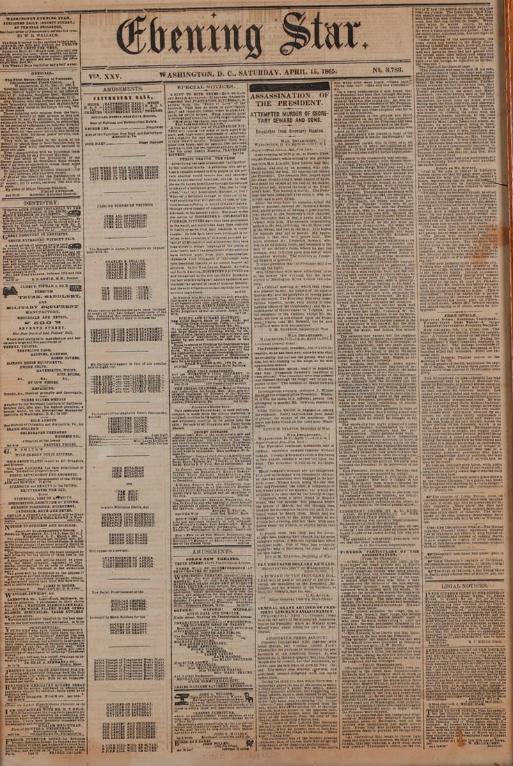 [LINCOLN ASSASSINATION] "ASSASSINATION OF THE PRESIDENT; ATTEMPTED MURDER OF SECRETARY SEWARD AND (1 of 9)
