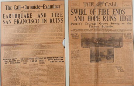 [1906 SAN FRANCISCO EARTHQUAKE]: TWO FRAMED NEWSPAPERS, THE CALL-CHRONICLE-EXAMINER, APRIL 19, 1906,