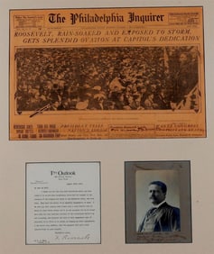 "ROOSEVELT, RAIN-SOAKED AND EXPOSED TO STORM GETS SPLENDID OVATION AT CAPITOL'S DEDICATION" FRAMED