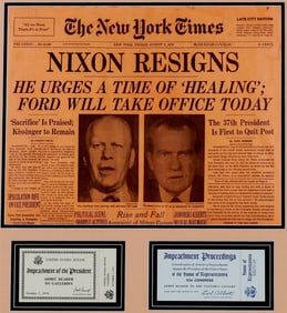 "NIXON RESIGNS; HE URGES A TIME OF HEALING; FORD WILL TAKE OFFICE TODAY": NEWSPAPER ACCOMPANIED BY