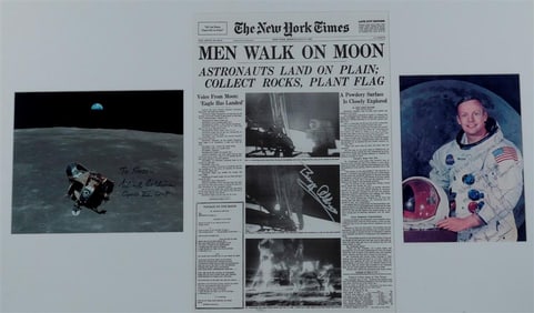 ORIGINAL SIGNATURES OF THREE ASTRONAUTS, NEIL ARMSTRONG, BUZZ ALDRIN AND MICHAEL COLLINS, WHO CREWED