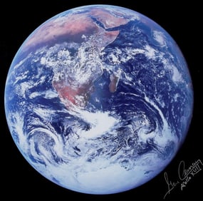 APOLLO XVII "BLUE MARBLE" VIEW OF EARTH FROM DEEP SPACE SIGNED BY COMMANDER EUGENE CERNAN, DECEMBER