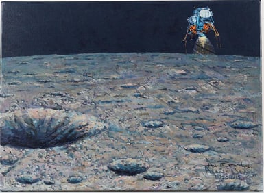 APOLLO LUNAR MODULE APPROACHING ITS LUNAR LANDING LOCATION, GICLEE PRINT SIGNED BY ASTRONAUT ALAN