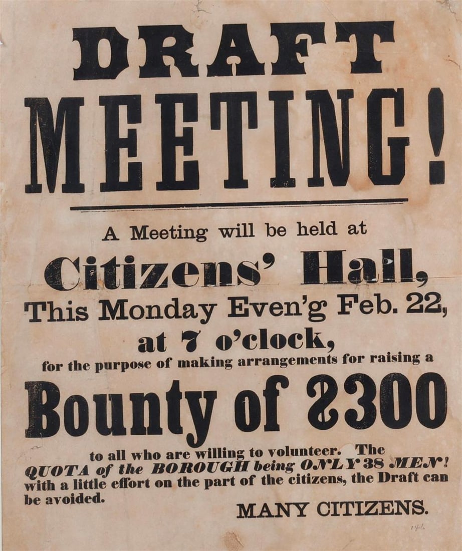 CIVIL WAR "DRAFT MEETING" BROADSIDE OR RECRUITNG POSTER. - Framed in period wood frame, 17 in. x 14 (1 of 5)