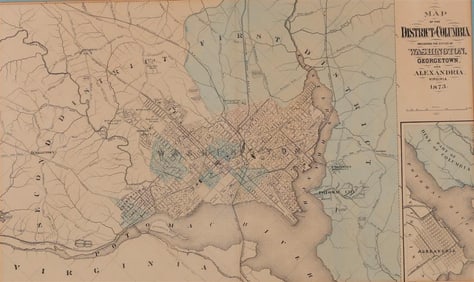 1873 MAP OF DISTRICT OF COLUMBIA AND ENVIRONS. - Period wood frame, 14 in. x 31 in.
