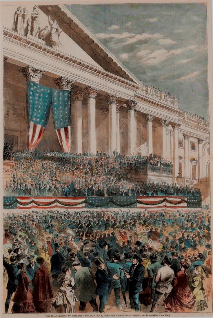 HARPER'S WEEKLY CENTERFOLD DEPICTING 1869 INAUGUARATION OF ULYSSES S. GRANT, - Framed, 21 1/2 in. x (1 of 3)