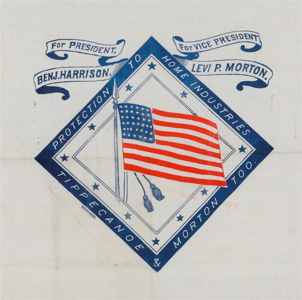 BENJAMIN HARRISON AND LEVI P. MORTON 1888 PRESIDENTIAL CAMPAIGN SCARF OR HANDKERCHIEF. - Framed, 22 (1 of 3)