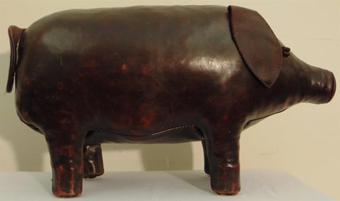 DIMITRI OMERSA FOR LIBERTY OF LONDON BROWN LEATHER PIG OTTOMAN/FOOTSTOOL. Distributed by Abercrombie