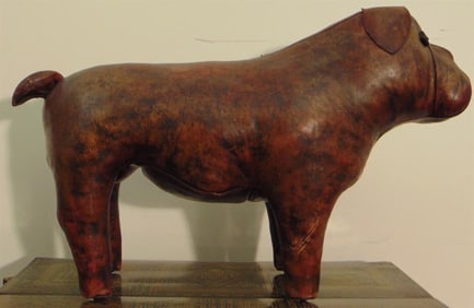 DIMITRI OMERSA FOR LIBERTY OF LONDON BROWN LEATHER BULLDOG FOOTSTOOL/OTTOMAN. Distributed by
