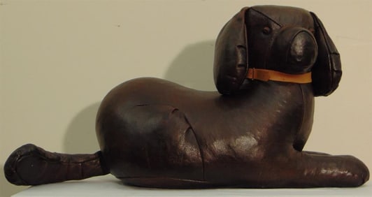 DIMITRI OMERSA FOR LIBERTY OF LONDON BROWN LEATHER DACHSHUND FOOTSTOOL/OTTOMAN. Distributed by