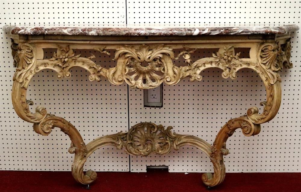 PAIR FRENCH CARVED, PIERCED AND PAINTED PINE CONSOLE/WALL TABLES WITH SHAPED MARBLE TOPS, circa (1 of 15)