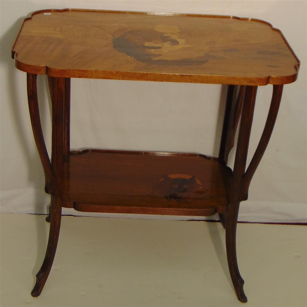 SIGNED EMILE GALLE MARQUETRY-INLAID SIDETABLE WITH CAT MOTIF. circa 1905. - H: 29 in. Top, 29 3/4 (1 of 6)