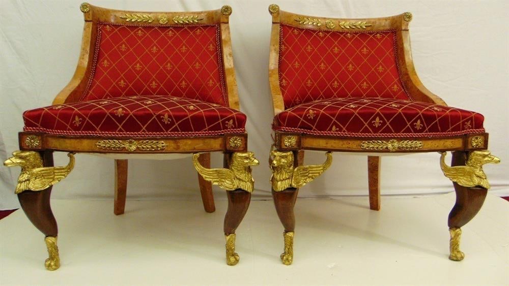SET SIX EMPIRE STYLE GILT-METAL MOUNTED FRUITWOOD BERGERES. (1 of 15)