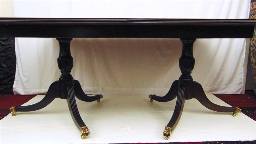 GEORGE III STYLE MAHOGANY DOUBLE-PEDESTAL BASE DINING TABLE WITH TWO EXTRA LEAVES. - H: 29 in.; L: (1 of 11)