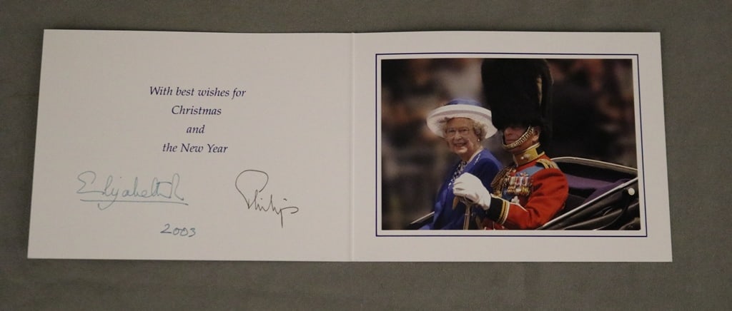 H.M. QUEEN ELIZABETH II AND H.R.H. THE DUKE OF EDINBURGH, SIGNED 2003 CHRISTMAS CARD. - 6 in. x 8 (1 of 2)