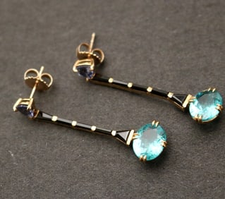 PAIR 18K YELLOW GOLD, BLACK ONYX AND COLORED GEMSTONE DANGLE EARRINGS,