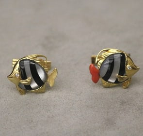 PAIR SIGNED ASCH GROSSBARDT 14K YELLOW GOLD, MOTHER-OF-PEARL CORAL AND DIAMOND FISH FORM CUFF LINKS.