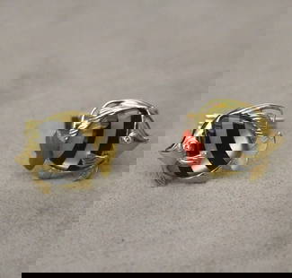 PAIR SIGNED ASCH GROSSBARDT 14K YELLOW GOLD, MOTHER-OF-PEARL CORAL AND DIAMOND FISH FORM CUFF LINKS.: PAIR SIGNED ASCH GROSSBARDT 14K YELLOW GOLD, MOTHER-OF-PEARL CORAL AND DIAMOND FISH FORM CUFF LINKS. Black and white striped mother-of-pearl fish have diamond eyes; one has carved coral tail (other h