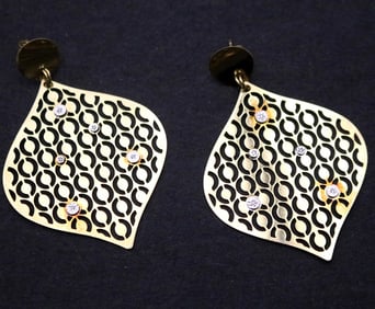 PAIR ITALIAN 14K YELLOW AND WHITE GOLD AND DIAMOND DANGLE EARRINGS.
