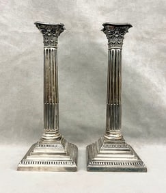 PAIR LATE 19TH CENTURY GORHAM & CO. HEAVY SILVER PLATED CORINTHIAN COLUMN FORM CANDLESTICKS.